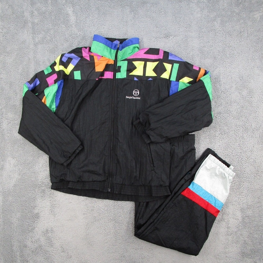 Sergio Tacchini Vintage Tracksuit Set Black Multicolor Geometric 90s Mens 40